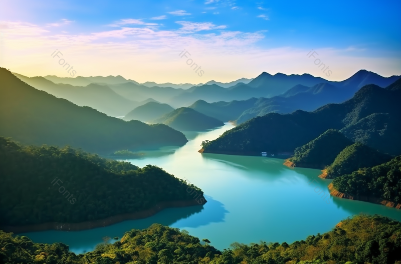 蓝色山水画俯视悠长的河流风景背景,高清,摄影图,摄影图片,图片大全,摄影图免费下载